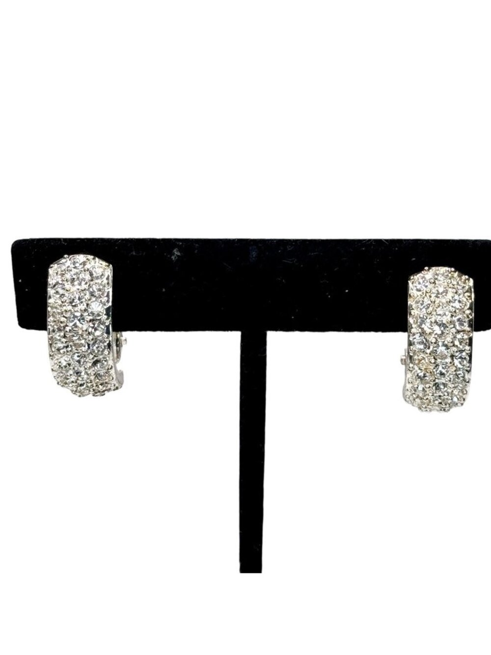 Vintage Rhinestone Pave Clip On Earrings Huggie Silver Tone Signed Roman - Picture 1 of 9